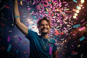 een gelukkig winnaar Aan stadium Holding trofee in zijn handen met kleurrijk licht confetti met generatief ai foto