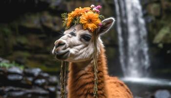 schattig alpaca portret, op zoek Bij camera, glimlachen gegenereerd door ai foto