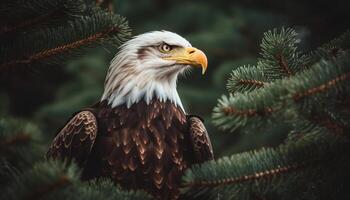 majestueus kaal adelaar neerstrijken Aan pijnboom boom gegenereerd door ai foto