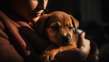 een schattig puppy en kind omhelzing in liefde gegenereerd door ai foto