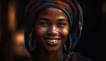 een mooi Afrikaanse vrouw glimlachen met vertrouwen gegenereerd door ai foto