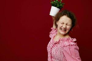 vrolijk meisje met bloem pot poseren emoties rood achtergrond ongewijzigd foto