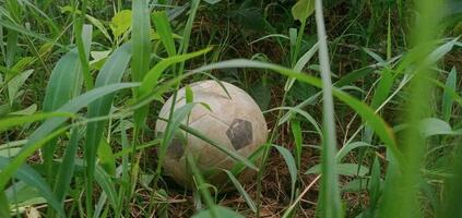 een verlaten oud bal in de gras foto