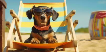 grappig hond huisdier lui kom tot rust stoel strand zonnebril vakantie zomer. generatief ai. foto