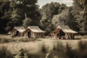 tent natuur reizen licht luxe vakantie camping canvas glamping Woud. generatief ai. foto