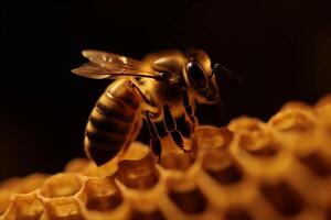 macro insect natuur honing achtergrond detailopname geel goud zomer stuifmeel bij. generatief ai. foto