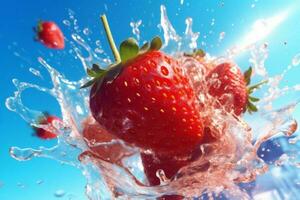 blauw rood voedsel aardbei versheid plons vers gezond fruit achtergrond water. generatief ai. foto