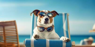 hond lui stoel kom tot rust strand huisdier grappig zomer zonnebril vakantie. generatief ai. foto