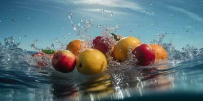 gezond Gezondheid fruit vitamine voedsel achtergrond vers laten vallen aardbei groen water. generatief ai. foto