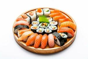wit vis voedsel Japans rollen gezond achtergrond rijst- sushi zeevruchten set. generatief ai. foto