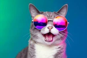 portret mode schattig kleurrijk dier zonnebril grappig huisdier kat neon. generatief ai. foto