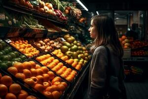 gezond vrouw groente op te slaan levensstijl markt voedsel boodschappen doen fruit kruidenier nacht. generatief ai. foto