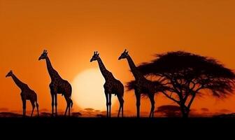 giraffe silhouet Afrika natuur safari wild olifant zonsondergang dier dieren in het wild. generatief ai. foto