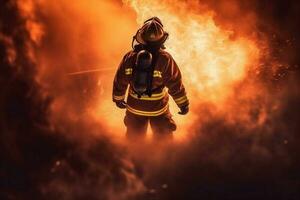 brand noodgeval vechter uitrusting brandweerman veiligheid redden brandweerman uniform rook. generatief ai. foto