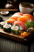 reeks Japans rollen Japan zeevruchten sushi rijst- voedsel vis maaltijd. generatief ai. foto