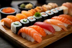 rollen Japan voedsel maaltijd Japans zeevruchten sushi reeks rijst- vis. generatief ai. foto