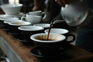 mok kop drank cafeïne drinken cafe espresso tafel ontbijt voedsel. generatief ai. foto