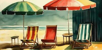 kom tot rust rust uit zomer toevlucht vakantie exotisch paraplu stoel waterverf strand achtergrond. generatief ai. foto
