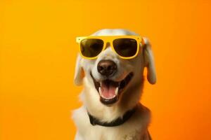 hond portret zonnebril glimlach schattig stofbril grappig dier huisdier achtergrond geïsoleerd. generatief ai. foto