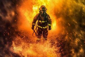 brandweerman redden vechter brandweerman uitrusting noodgeval uniform veiligheid brand rook. generatief ai. foto