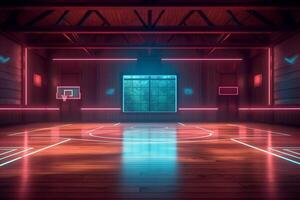 neon interieur achtergrond binnen- partituur helder gang arena basketbal leeg spel hal. generatief ai. foto