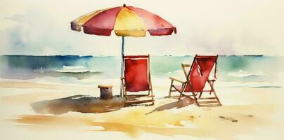 rust uit achtergrond zomer toevlucht stoel waterverf strand paraplu water vakantie kom tot rust. generatief ai. foto