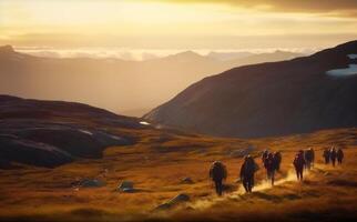 levensstijl Mens wandelen natuur reizen wandelen groep berg werkzaamheid toerist trekking. generatief ai. foto