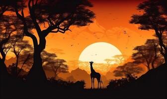 dier silhouet zonsondergang natuur dieren in het wild safari Afrika olifant wild giraffe. generatief ai. foto