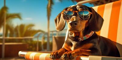 hond grappig kom tot rust huisdier lui strand zonnebril vakantie zomer stoel. generatief ai. foto