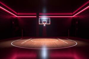 zwart gang interieur binnen- leeg arena achtergrond perspectief neon spel basketbal hal. generatief ai. foto