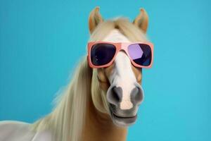 zonnebril glimlach grappig stofbril humor portret dier kleurrijk paard achtergrond plezier. generatief ai. foto