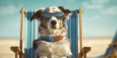 hond grappig strand kom tot rust vakantie zomer huisdier lui stoel zonnebril. generatief ai. foto