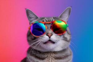 dier kat grappig huisdier neon zonnebril mode portret schattig kleurrijk. generatief ai. foto