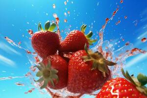 aardbei achtergrond gezond rood water vers voedsel plons versheid blauw fruit. generatief ai. foto