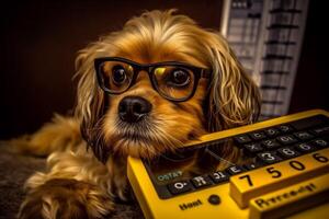 hond grappig huisdier geel financiën dier humor berekenen machine financieel achtergrond bedrijf. generatief ai. foto