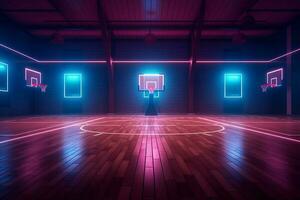 binnen- basketbal leeg gang arena achtergrond licht hal perspectief interieur spel neon. generatief ai. foto