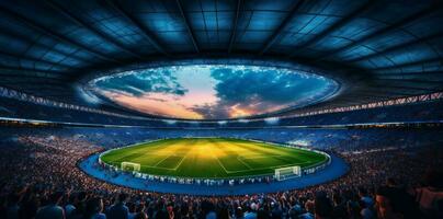 wereld stadion voetbal arena sport groen Amerikaans voetbal spel licht doel. generatief ai. foto