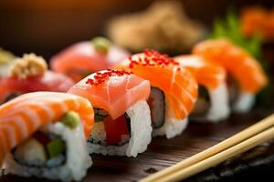 zeevruchten voedsel reeks vis sushi Japans Japan rijst- rollen maaltijd. generatief ai. foto