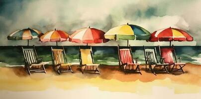 rust uit kom tot rust waterverf achtergrond vakantie paraplu zomer toevlucht strand lounge stoel. generatief ai. foto