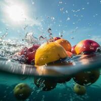 gezond vitamine achtergrond vers fruit aardbei water tropisch voedsel groen druppel. generatief ai. foto