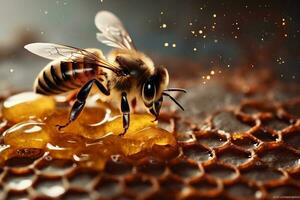mobiel stuifmeel goud telefoon geel detailopname honing bij macro insect natuur achtergrond. generatief ai. foto