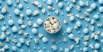 tussendoortje doos vermaak popcorn bioscoop voedsel achtergrond wit blauw maïs theater. generatief ai. foto
