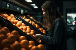 vrouw voedsel markt keuze fruit gezond boodschappen doen op te slaan kruidenier nacht groente. generatief ai. foto