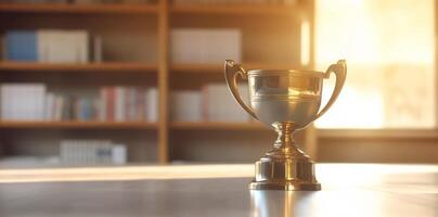 prijs prijs bokeh kampioen viering kop bibliotheek trofee goud wedstrijd. generatief ai. foto