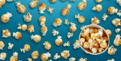 blauw tussendoortje popcorn bioscoop smakelijk wit doos achtergrond voedsel vermaak maïs. generatief ai. foto