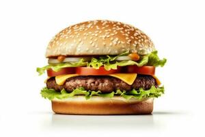 Hamburger belegd broodje tussendoortje snel rundvlees voedsel snel vlees wit voedsel achtergrond hamburger. generatief ai. foto