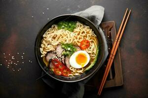 maaltijd eetstokje Japans ramen soep kom voedsel Aziatisch noodle groente. generatief ai. foto