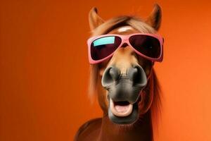 kleurrijk pret stofbril zonnebril dier glimlach zoogdier grappig achtergrond paard portret. generatief ai. foto