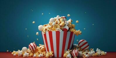 doos maïs blauw vermaak smakelijk bioscoop wit voedsel achtergrond popcorn tussendoortje. generatief ai. foto