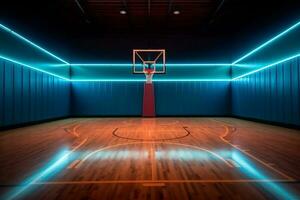 arena gang ruimte hal neon binnen- interieur leeg basketbal achtergrond spel virtueel. generatief ai. foto